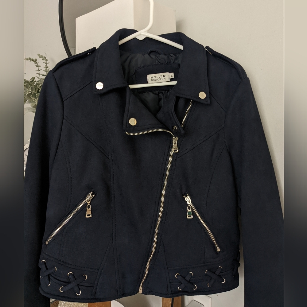 Molly Bracken Navy Faux Suede Moto Jacket Size Large